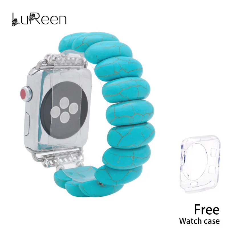 

LuReen Natural Stone Turquoise Watchband iWatch Elastic Watch Bands For Apple Watch Strap Bracelet Replacement Band 38mm/42mm