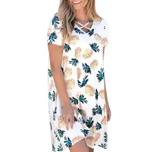 V образным вырезом с принтом ананаса короткое платье Для женщин крестообразная шнуровка повседневные платья Белый Сумки из натуральной кожи, с оригинальным изображением тропического пляжа летнее платье vestidos