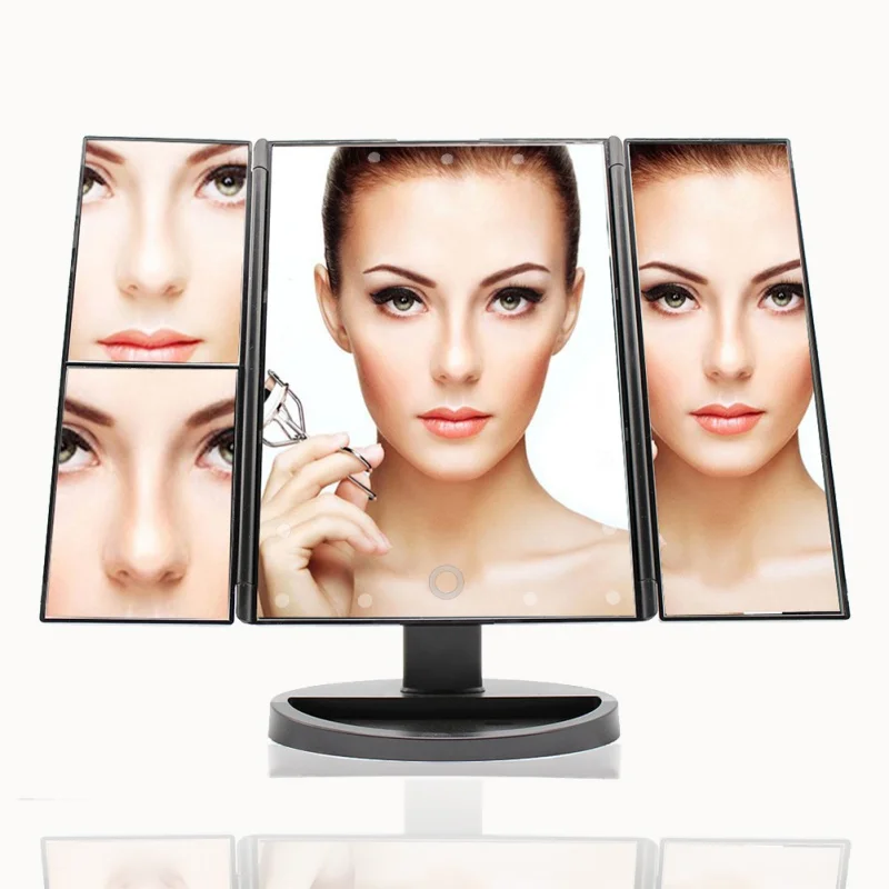 

Portable Women Three Folding Table LED Lamp Luminous Makeup Mirror Cosmetic Mirror Adjustable Tabletop Countertop Light Mirror