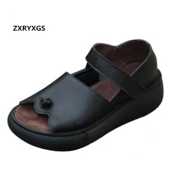 

New Natural Full Real Leather Sandals Flip Flops Loose Comfort Increase Platform Sandals 2019 Summer Women Shoes Fashion Sandals