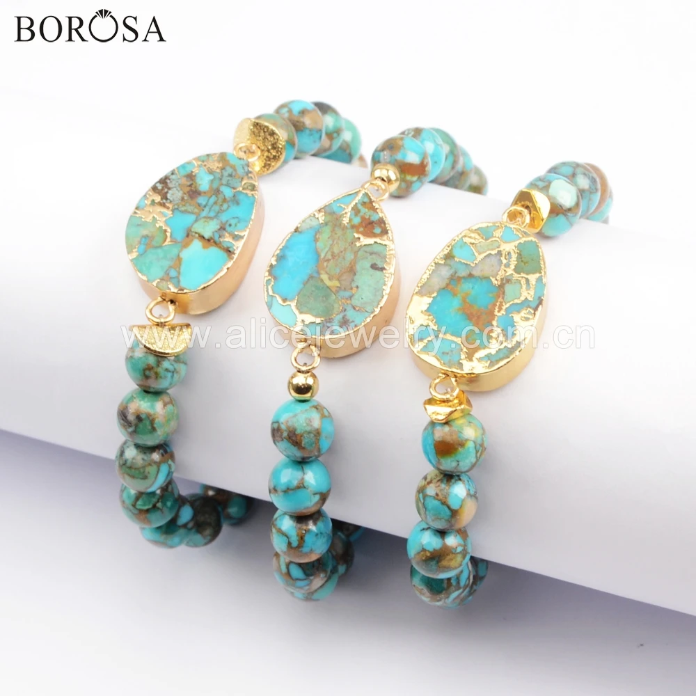 BOROSA 3 шт медные, золотистого цвета натуральная бирюза с 8 мм Beads ISES Бусы Браслеты стильное ювелирное изделие из драгоценных камней в подарок G1720