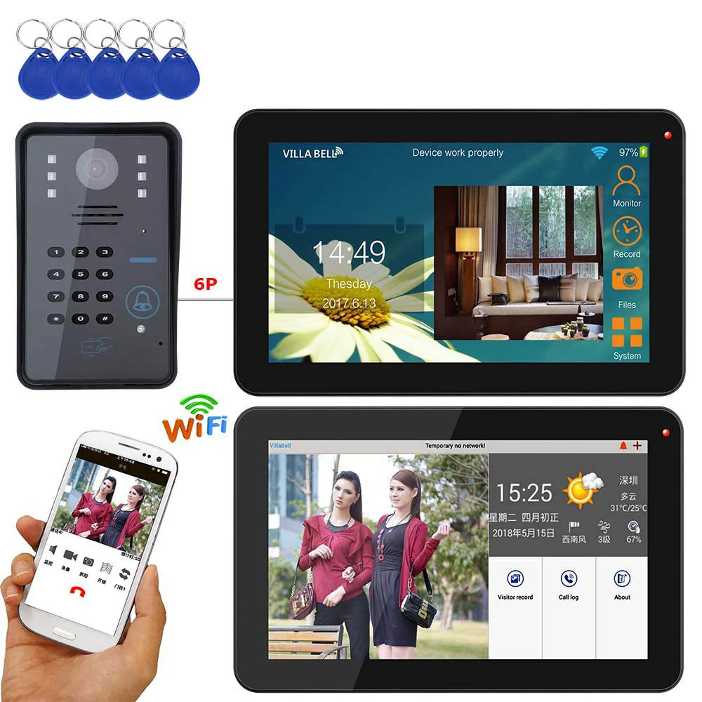 Best 9 inch 2 Monitors Wired Wireless Wifi RFID Password Video Door Phone Doorbell Intercom System with + IR CUT HD 1000TVL Camera