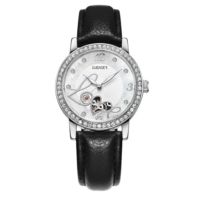 OUBAOER оригинальные Брендовые женские механические часы с автоматическим заводом женские часы из натуральной кожи модные часы женские часы - Цвет: silver black 005B