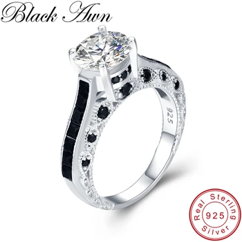 

[BLACK AWN] Real 925 Sterling Silver Ring Black Spinel Round Finger Elegant Rings for Women Silver 925 Jewelry Gift G015