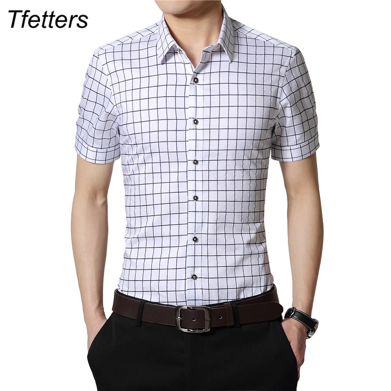 

TFETTERS Plus Size 5XL 2019 Summer Mens Cotton Dress Shirts Short Sleeve Plaid Pattern Business Formal Shirt Male Camisa Male