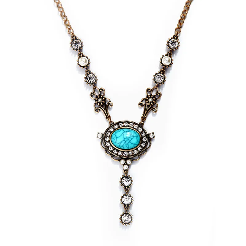 

New Summer Ancient Gold Color Chain Oval Blue Necklaces & Pendants Vintage Jewelry 2016
