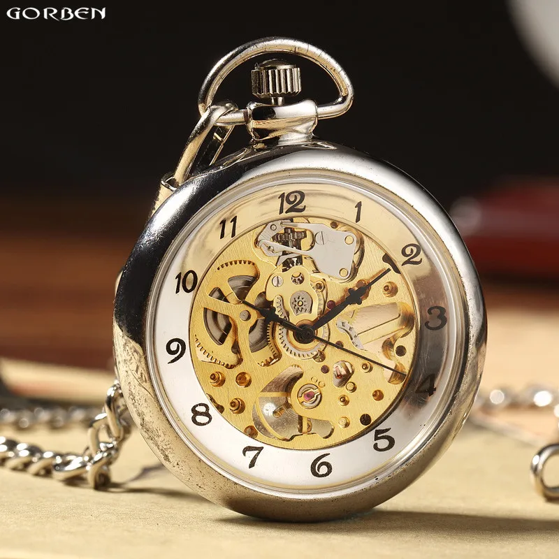 Luxury Skeleton Steampunk Mechacnical Mens Pocket Watch with FOB Chain Smooth Steel Metal Clock Hand Wind Doctor Pendant Watches vintage golden angel double wings mehanical pocket watch fob chain hollow skeleton hand wind mechanical mens womens watch