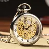 Luxury Silver Skeleton Mechacnical Hand-winding Mens Pocket Watch with FOB Chain 2017 Hot Smooth Steel Women Unisex Pocket Watch ► Photo 1/6