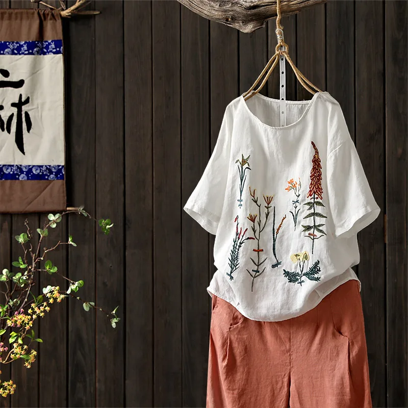 

Flowers embroidery cotton linen o-neck vintage shirt blouse female 2019 summer