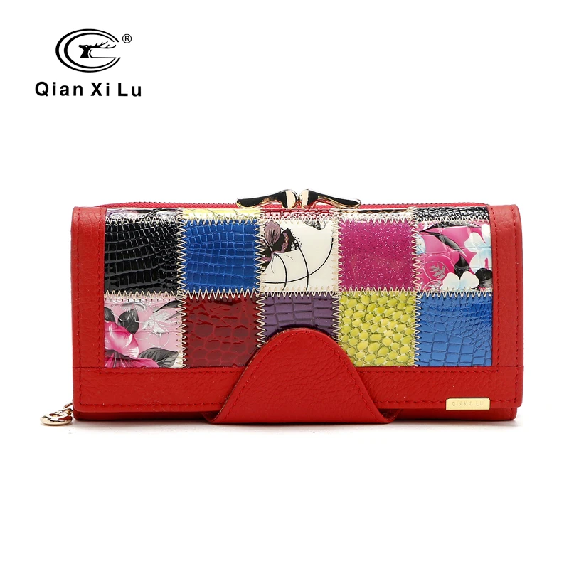 Qianxilu Brand Fashion Women Wallet Genuine Leather Patchwork Purse Female Long Design 2016