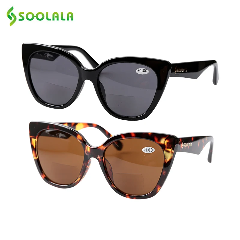 SOOLALA Cat Eye Bifocal Sunglasses Reading Glasses Women Men Designer Sunglasses Diopter Anti Blue Reading Sunglasses 1.0 to 4.0