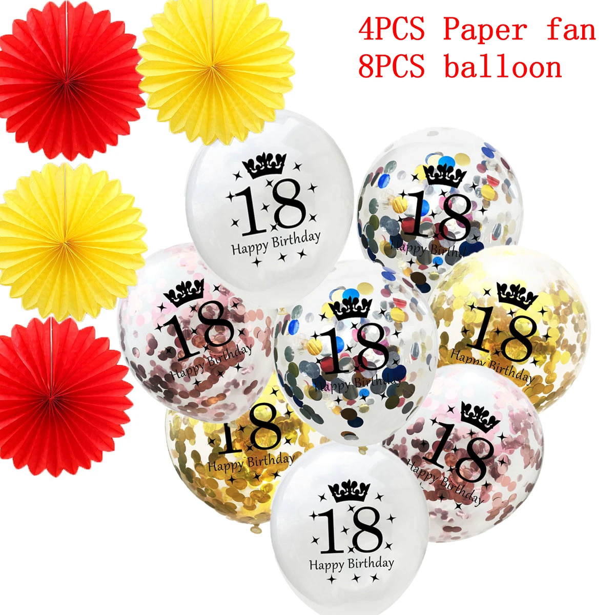 

12pcs 18 th Sequins Balloon Birthday Balloons Red Yellow Paper Fans Flower Happy Birthday Number Ballons Party Decorations