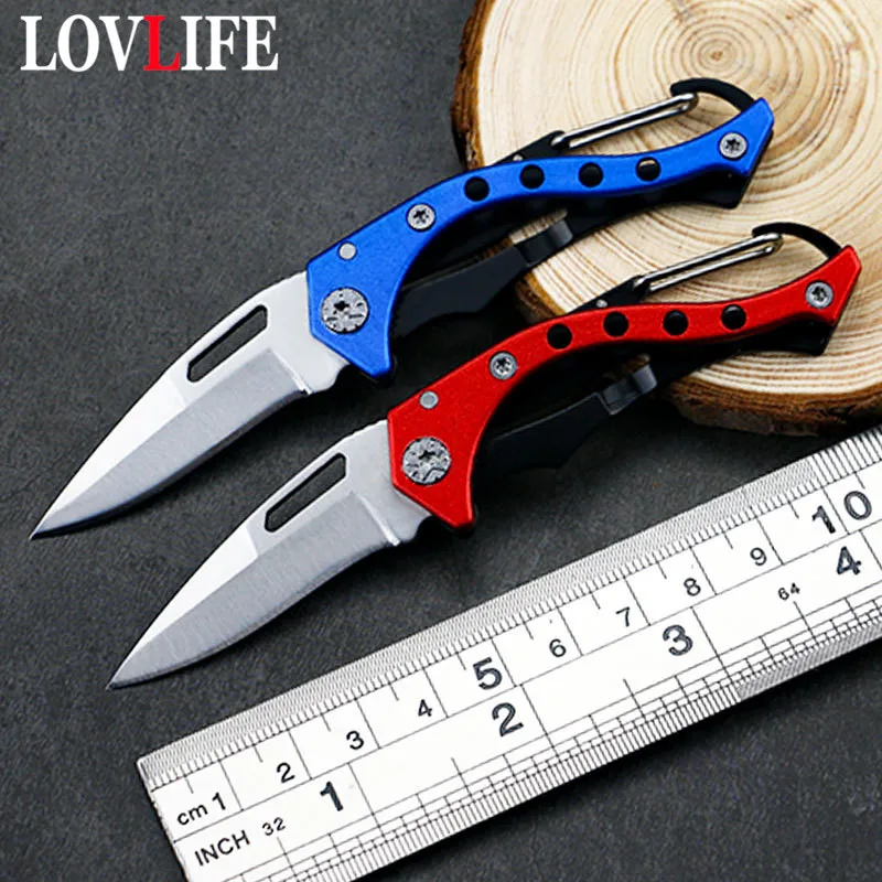 Small Folding Knife with Keychain Stainless Steel Outdoor Camping Hiking Hunting Gadget Knifes Mutifunction Fruit Knife Portable