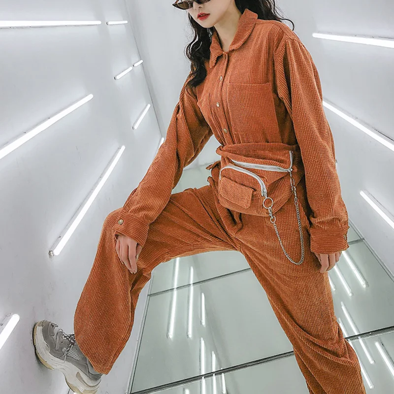 7Mang 2019 Spring New Streetwear Corduroy Long Sleeve Jumpsuits Women Lapel Orange Green Party Loose Overalls +Waist Bag 0106 | Женская