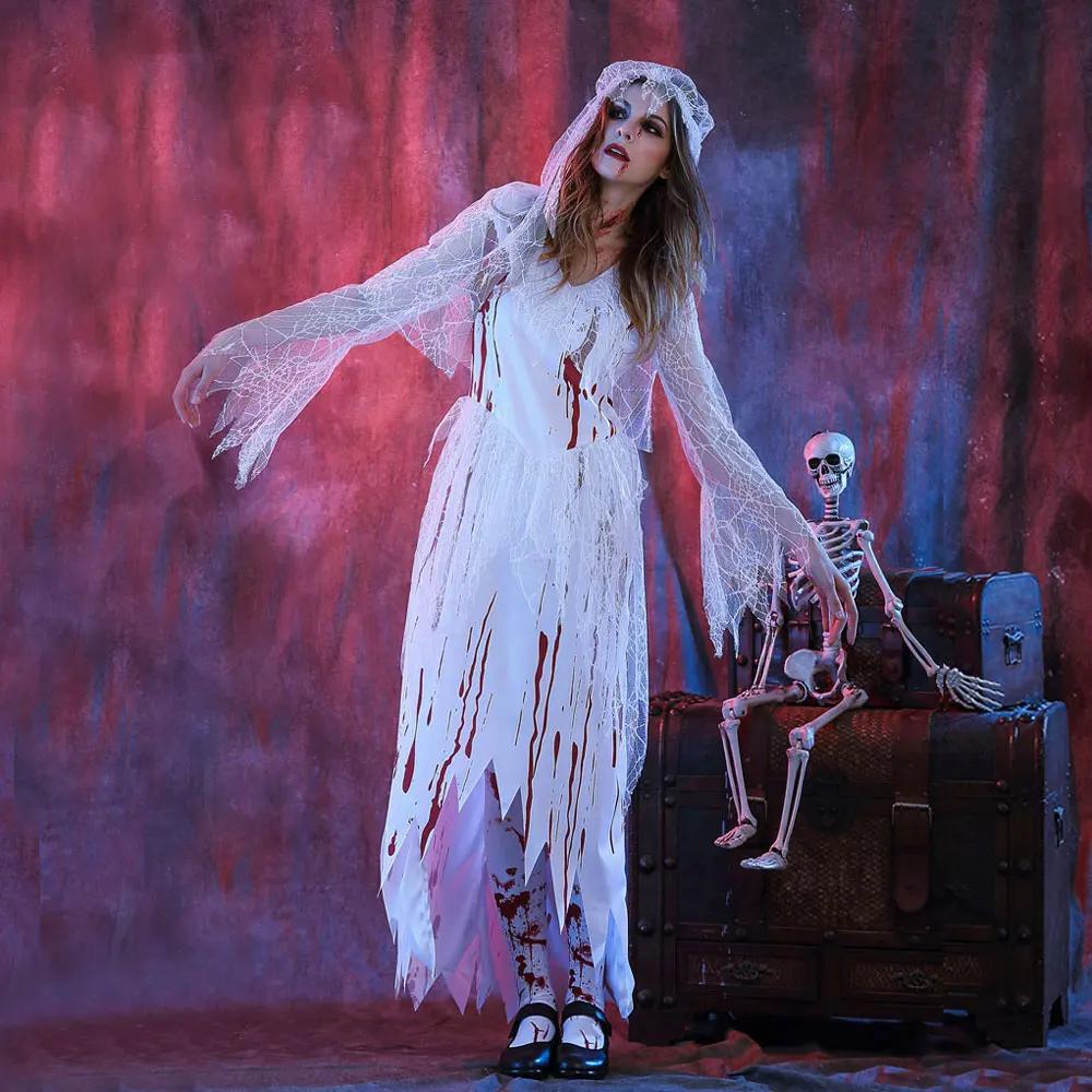 

Halloween Purim Scary White Blood Zombie Corpse Bride Costume Adult Fantasia Costumes Cosplay Dress with Stocking for Women