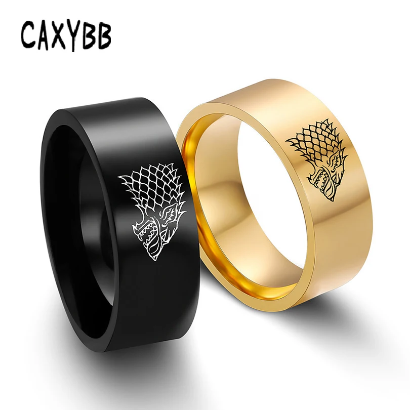 Gold Black Color Silver Stainless Steel Men Game Ring of Thrones House Stark Winterfell Wolf Ice Men Rings For Women Men