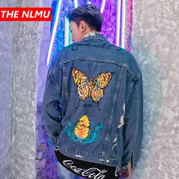 

Denim Jackets Men Vintage Butterfly Printed Ripped Hole Jeans Jacket Mens Fashion Casual Distressed Jacket Streetwear Male WG273