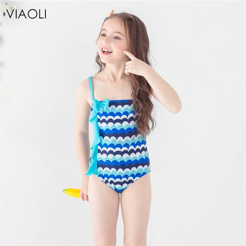 VIAOLI/ новое летнее детское платье, купальник, цельный однотонный лоскутное боди, детский пляжный купальник