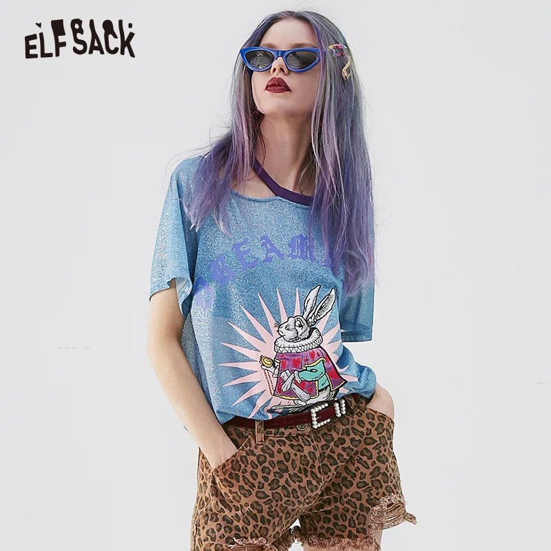 قزم SACK الأزرق بريق النساء تي شيرت 2019 الصيف التطريز س الرقبة عارضة الإناث قمم الشارع الشهير مثير المتضخم امرأة المحملة