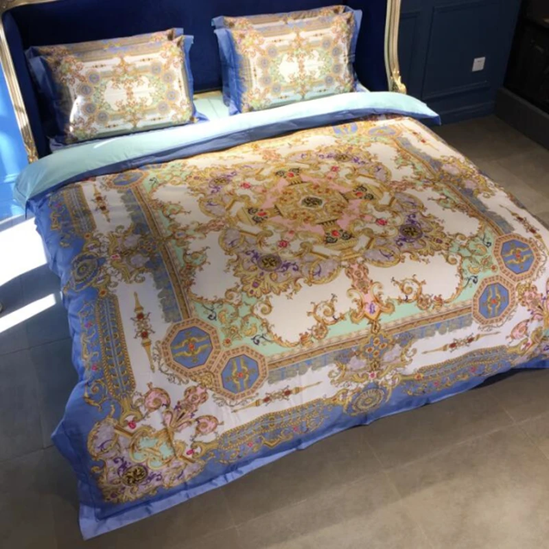 

High quality europe royal palace big flowers pattern new design 2019 100% cotton wedding King Queen Size 4pcs blue bedding sets