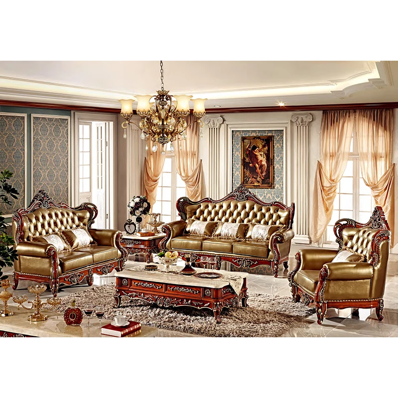 Foshan Classical French Real Leather Antique Furniture Sofa Living