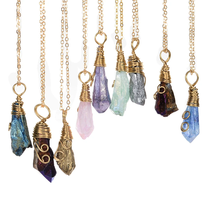 

9pcs Wholesale Handmade Rainbow Wire Wrapped Raw Natural Stone Women Pendant Necklace Pink Quartz Crystal Gem Necklaces