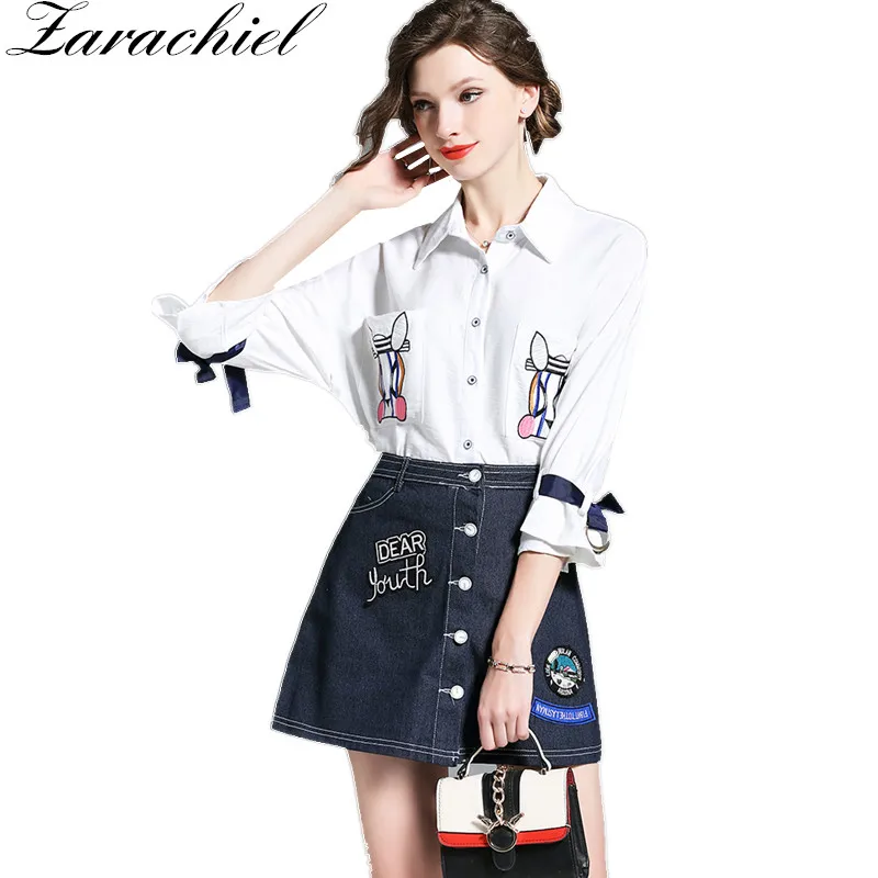 

High Street 2019 Summer Flare Sleeve Embroidery White Blouse Top + Single-Breasted A Line Denim Skirt Women Fashion 2 Piece Set