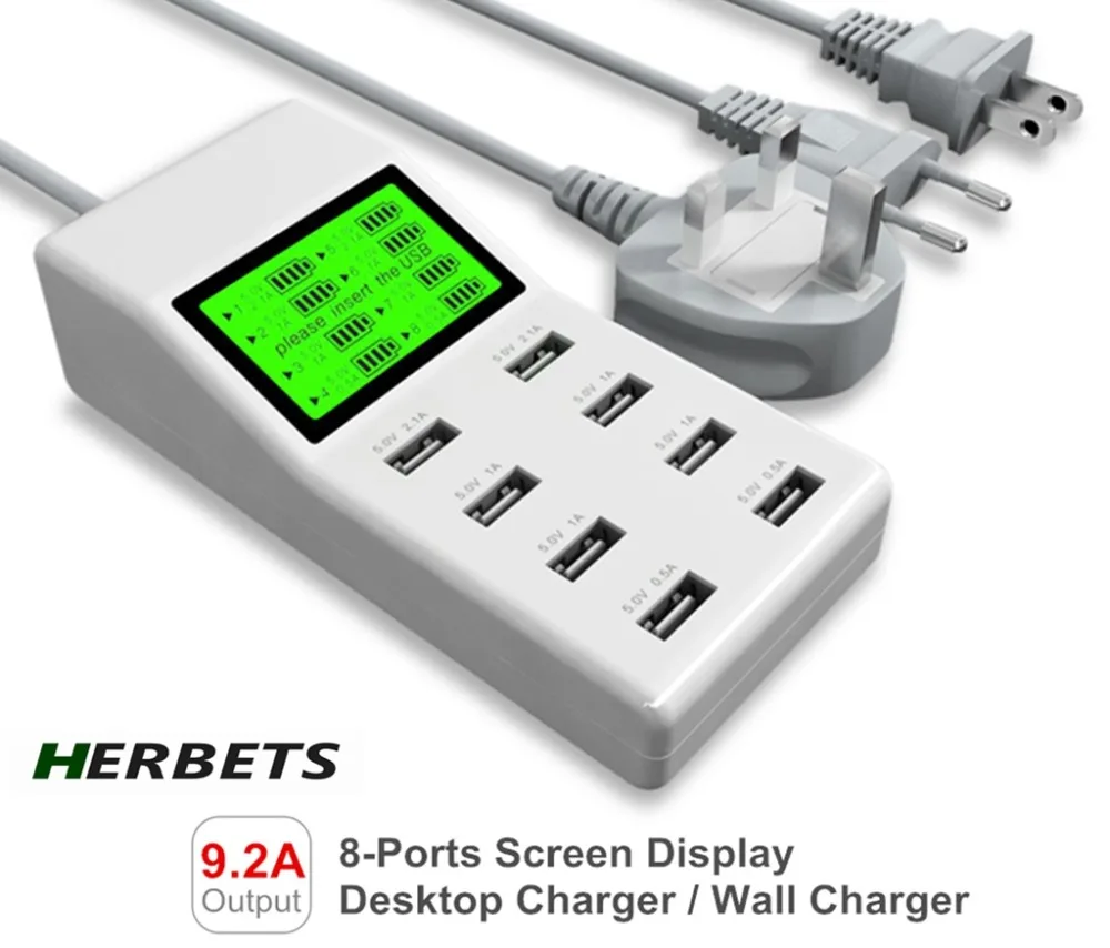 HERBETS 8 منافذ USB جدار شاحن LED عرض شاشة لنا الاتحاد الأوروبي المملكة المتحدة محول القابس الهاتف المحمول شاحن لل هاتف ذكي شاحن يو اس بي