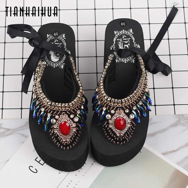 

Shoes Women 2018 Summer 6CM High Heel Platform Sandals Wedge Flip Flops Slope Handmade National Sponge Cake Women Slippers