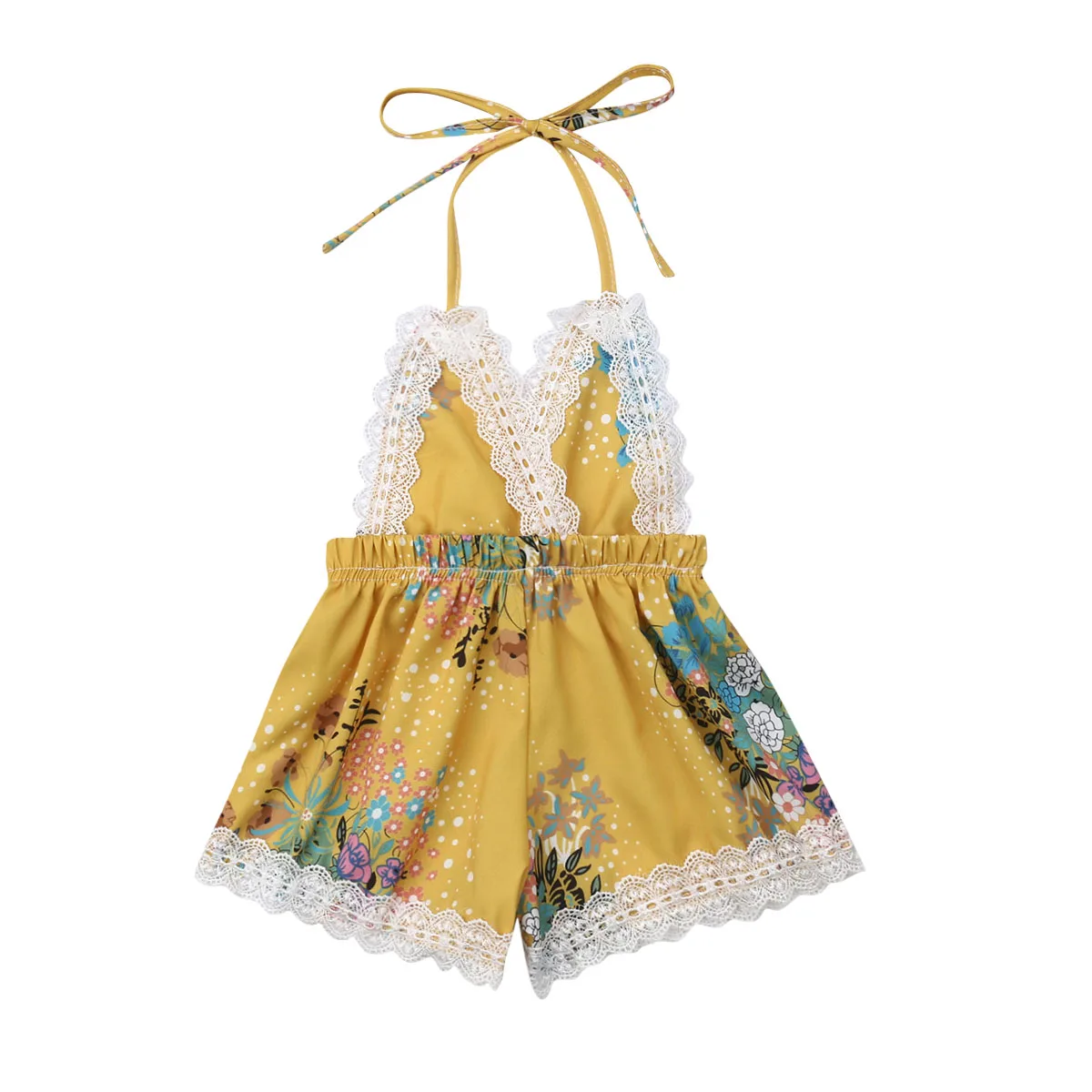 

Newborn Baby Girl Jumpsuit Lace-up Backless Floral Yellow Romper One-Piece Kids Girls Summer Clothes 0-2 Y