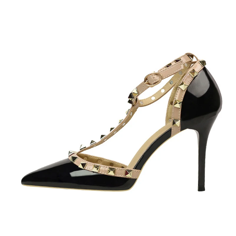 

T-Strap Patent Leather Classical Studs Sandals Ankle Strap Cover Heels Women High Heels Shoes