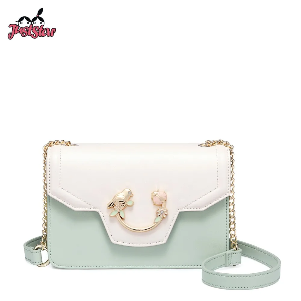 

JUST STAR Women's Leather Messenger Bag Ladies Fashion Bird Insect Shoulder Purse Female Chains Flap Light Green Crossbody Bag