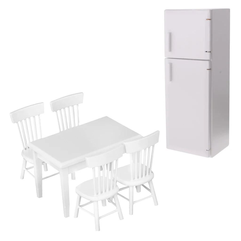 1/12 Dollhouse Modern Sense Kitchen Decor Refrigerator & White 5pcs Table Chair Set Accessories