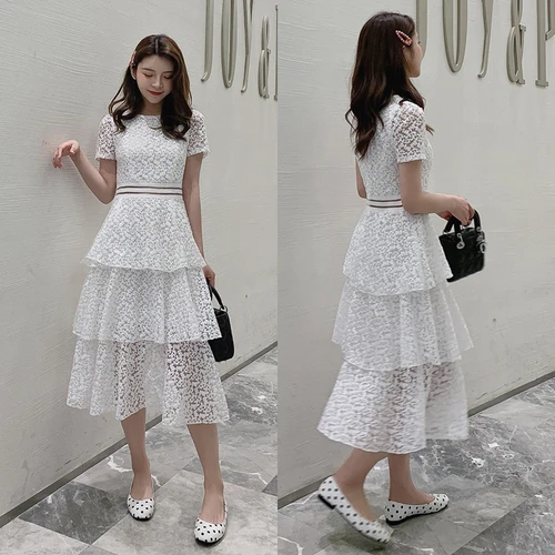 

Lace White Short Sleeve Dress Women 2019 Korean Fashion Hollow Drees Long Fairy Dress Type Gown Woman Cloth Ladies A-line