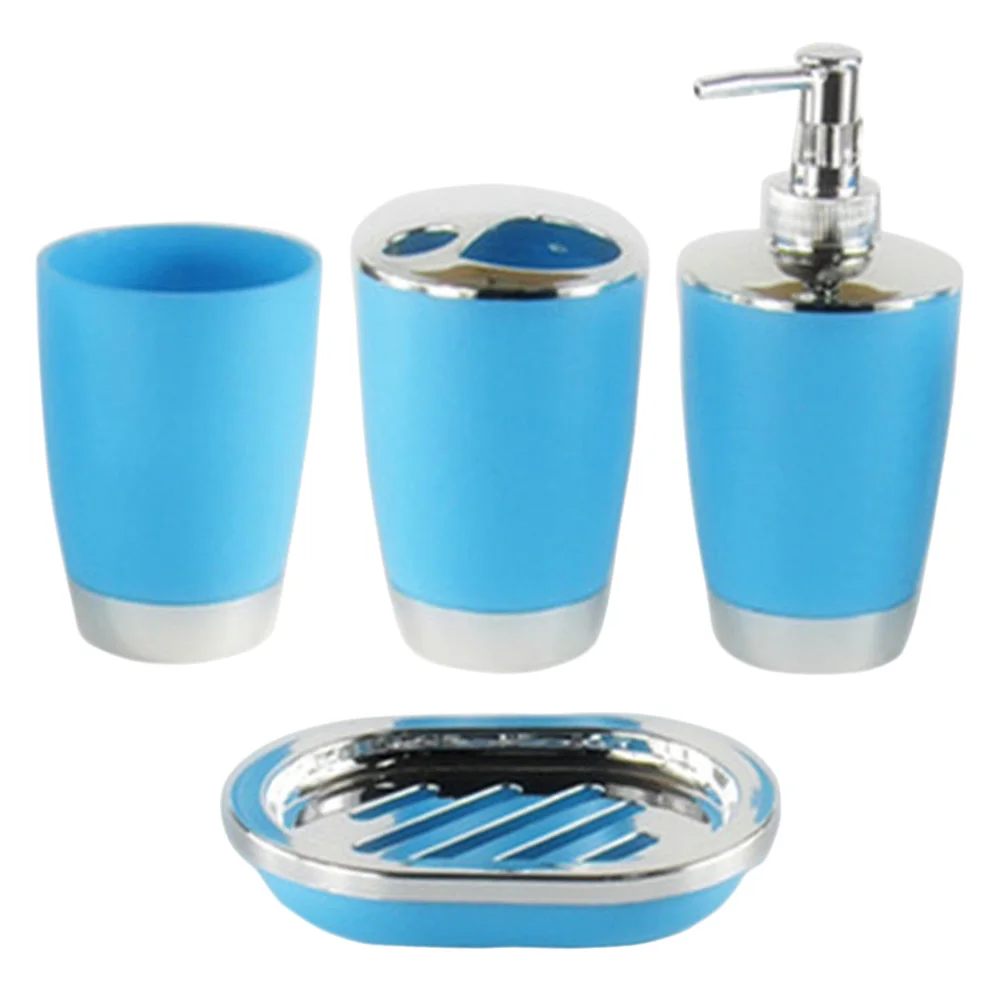 4 Pcs/Set Bathroom Accessories Sets Plastic Shampoo Press Bottle Wash Gargle Cup Toothbrush Holder Soap Dish Bath Accessories