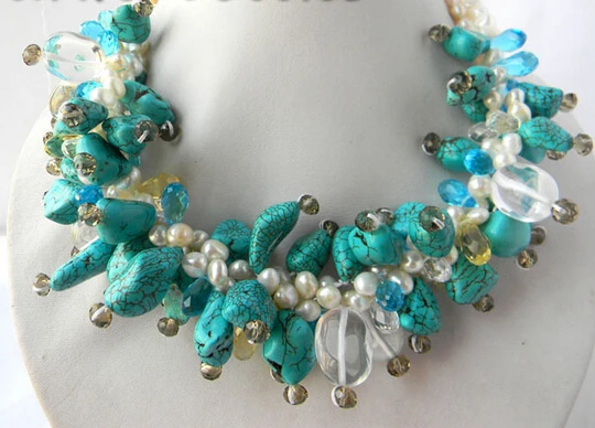 

huij 0033208 Beautiful 3Strands 18'' White Baroque Freshwater Pearl Turquoise Crystal necklace