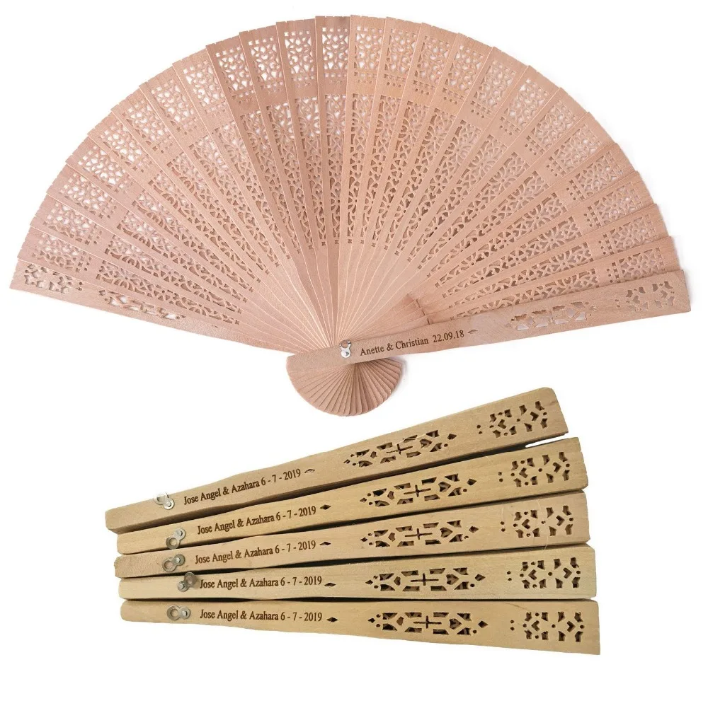 50 Personalized Sandalwood Carved Wood Garden Fans Wedding Bridal Party Favors 