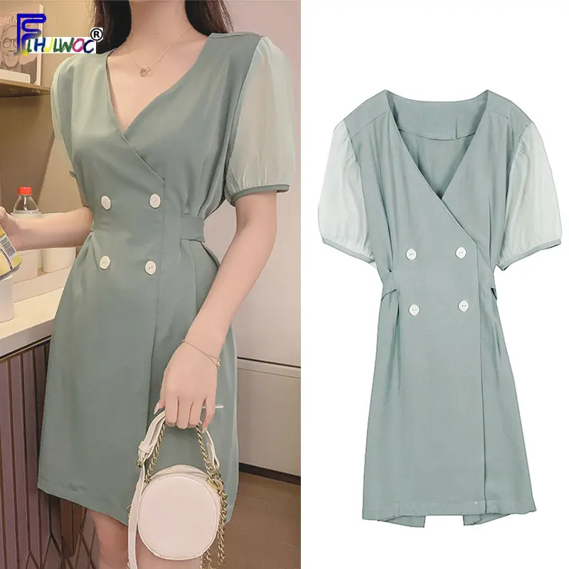 

Woman Fashion Summer Mini Dresses Hot Sales Short Sleeve Patchwork Sheer Mesh Green V Neck Blazer Dress 7107