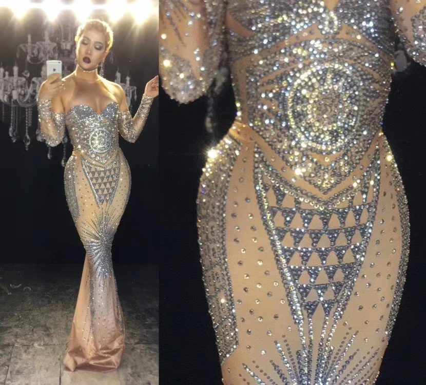 

Sexy Luxurious Nightclub Performance Dress Rhinestones Evening Party Floor Length Dress Stretch Skinny Women Slim Dress