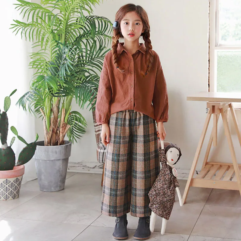 

Two-piece Suit Korean Version Long-sleeved Jacket Plus Plaid Leggings Retro Autumn Neutral New For Girls In 2018