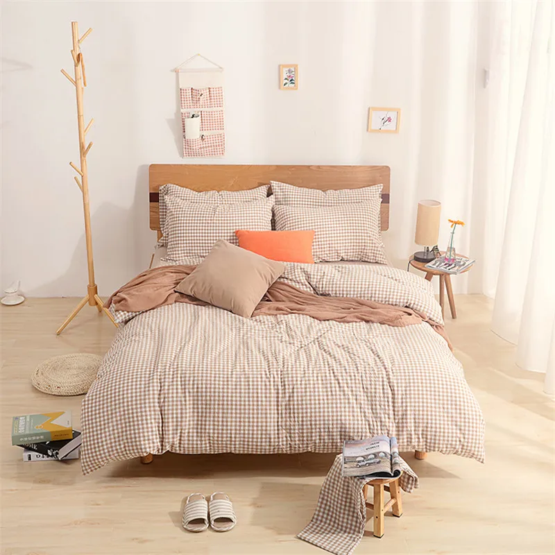 

Art style brown little lattice pattern bedding 100% cotton home textiles 4Pcs duvet cover fitted sheet pillowcases comfortable