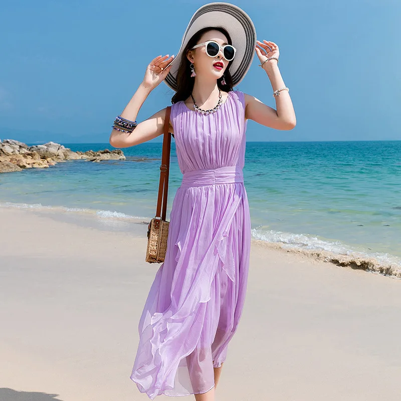 Шелковое платье 2019 сезон: весна-лето женские длинные повседневное пикантные Фиолетовый шифон богемное пляжное платье плюс размеры