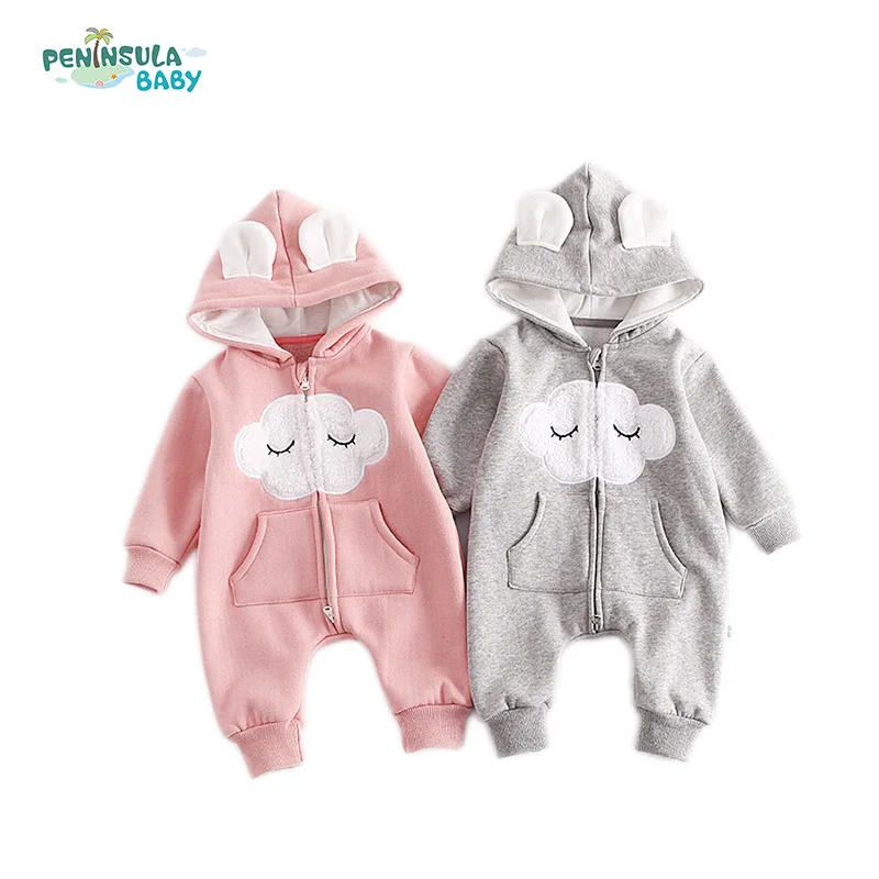 

Cute Newborn Baby Hooded Romper Smile Cloud Appliqued Costume Baby Clothes Pocket Overalls Autumn Warm Long Sleeve Baby Jumpsuit