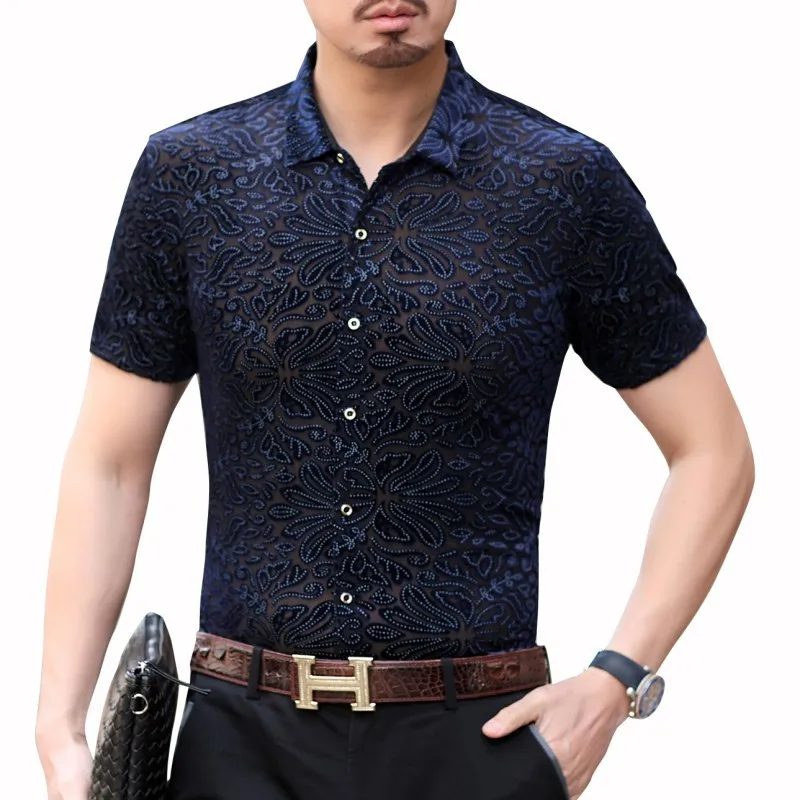 Blue Модная уличная рубашка с коротким рукавом Camisa Hombre бархатная рубашка гавайская Мужская рубашка прозрачная Camicia Uomo Camisa Social - Цвет: Blue