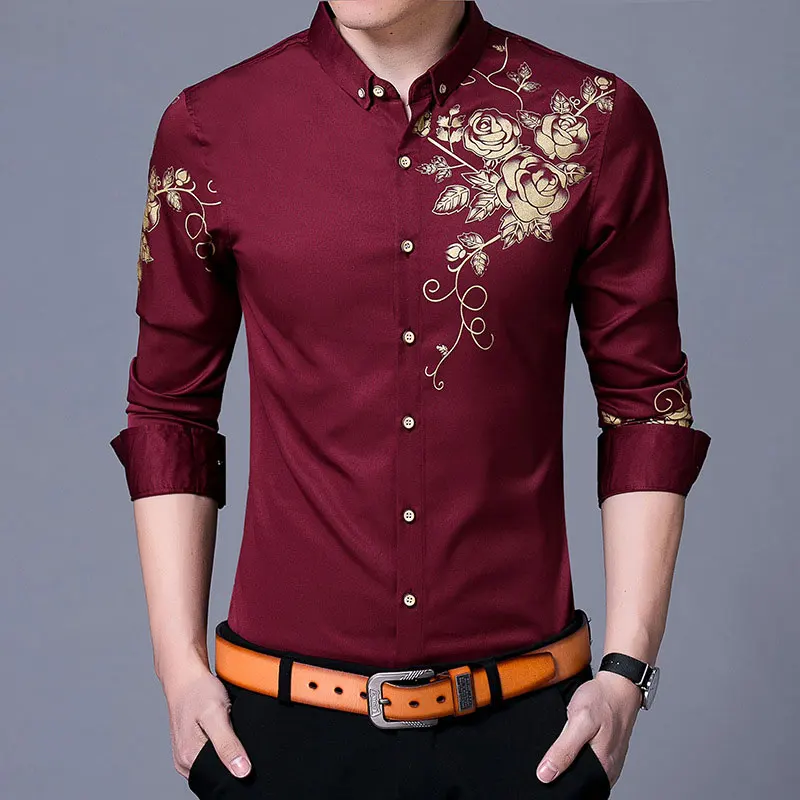 Брендовые мужские рубашки винно-красного цвета, модные мужские рубашки на пуговицах с принтом золотых роз, приталенные мужские рубашки с длинным рукавом