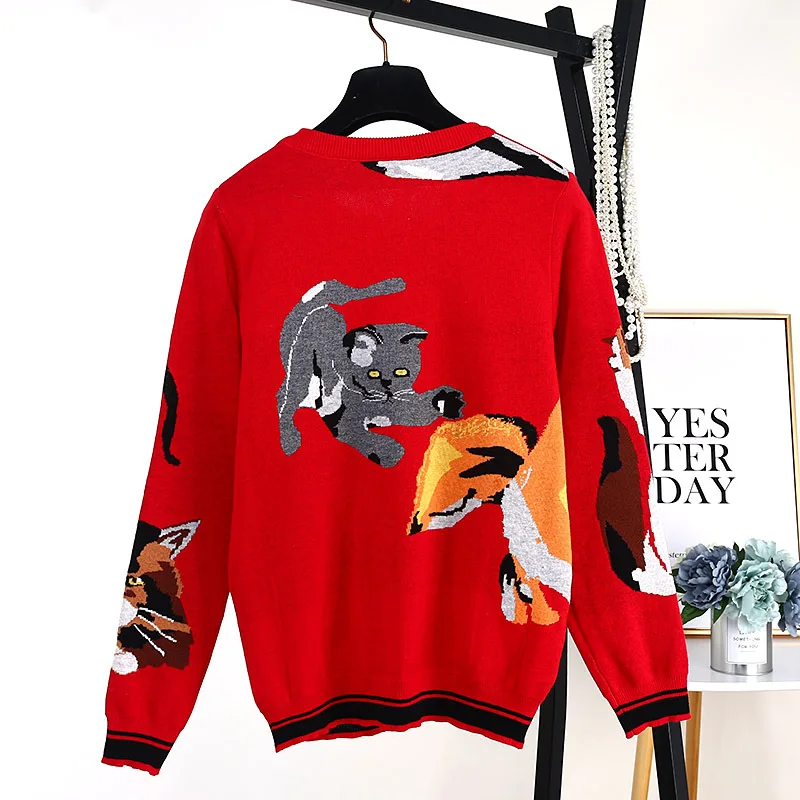 Новинка, милый красный вязаный пуловер с 7 котами, шикарный женский джемпер, брендовый дизайнерский Рождественский Забавный Топ, женский свитер