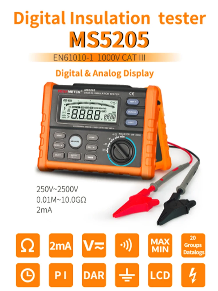 PEAKMETER MS5205 цифровой измеритель сопротивления изоляции 0,01-100 г Ом 250 V-2500 V тестер Аналоговый Мегаомметр