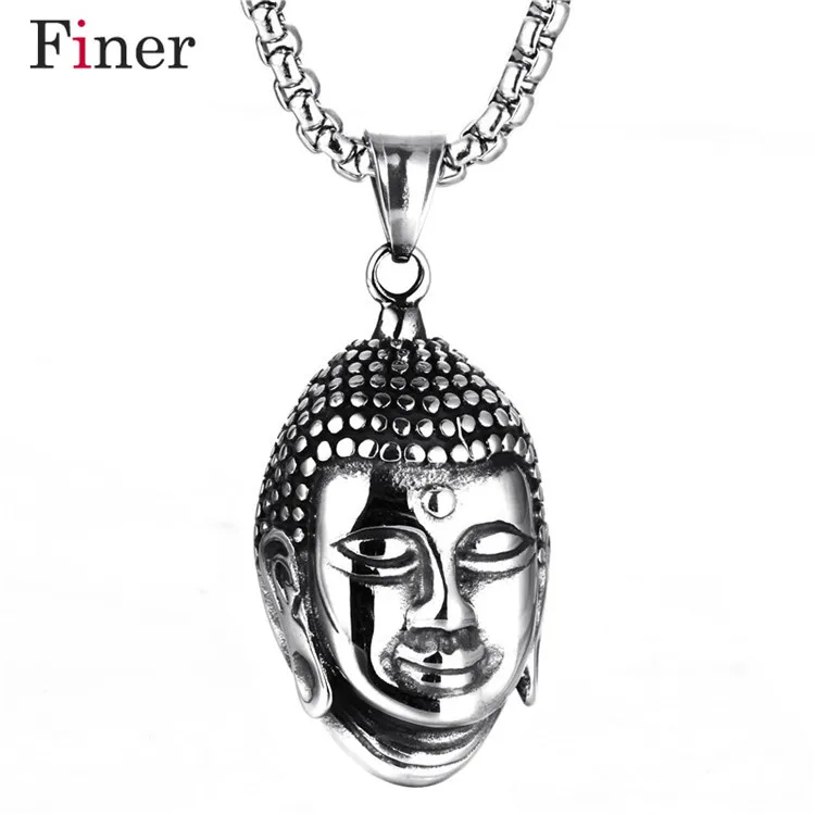 

Buddha Head Pendant Necklace Silver Black Tungsten Buddhism Necklace for Women Men Stainless steel Long Chain Necklaces