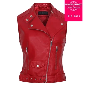

2019 Fashion Leather Vest Womens Sleeveless Leather jacket Pockets PU vest Waistcoat leather coat Top