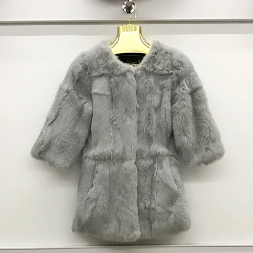 grey Пальто из натурального меха, новое зимнее длинное пальто из натурального кроличьего меха, корейские женские мягкие Меховые Пальто с рукавом три четверти - Цвет: grey